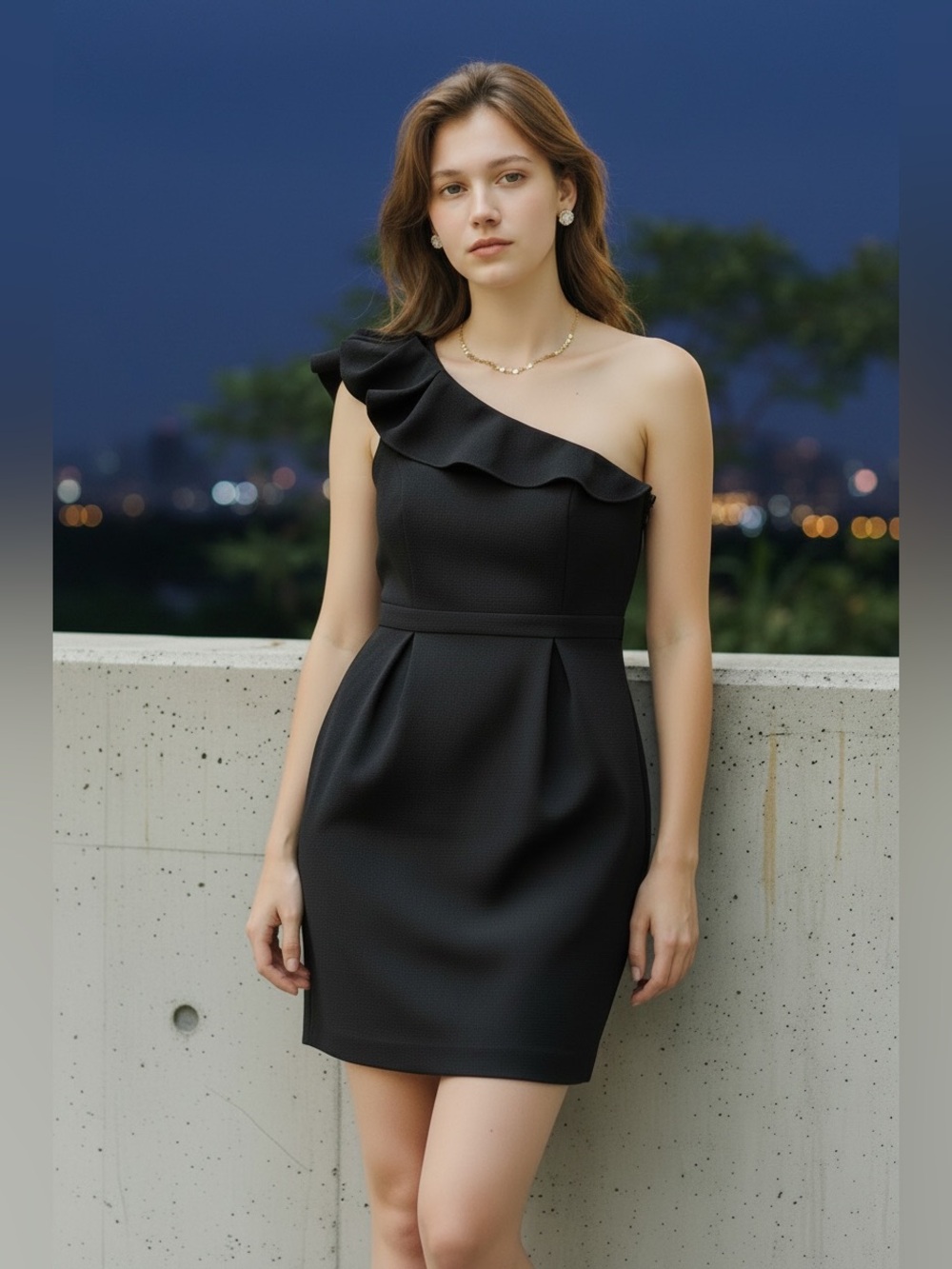 MAX AND CLEO Black One Shoulder Ruffled Cocktail Dress Sz 8 S/M LBD Party